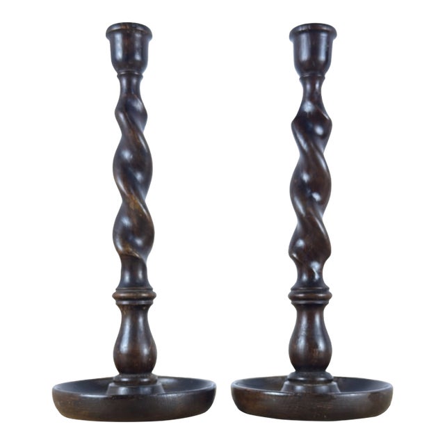 Antique English Oak Barley Twist Large Candlesticks For Sale