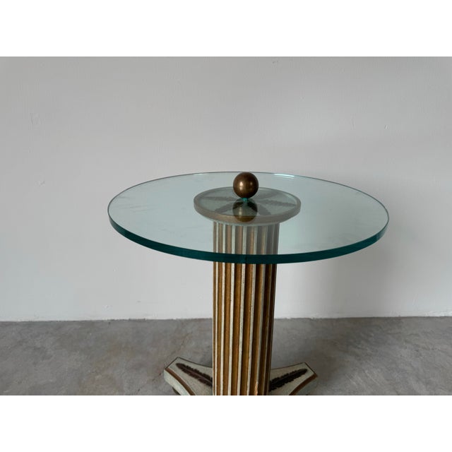 Hollywood Regency Hollywood Regency Carved Wood Column & Brass Ball Feet Side Table/ Sold For Sale - Image 3 of 12