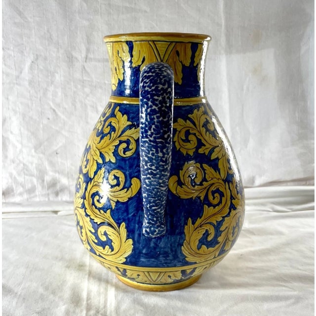 Large French Vintage Nevers Faience Pitcher Hand Painted Blue, Yellow Majolica Pottery. Traditional Kitchen Décor. Large...