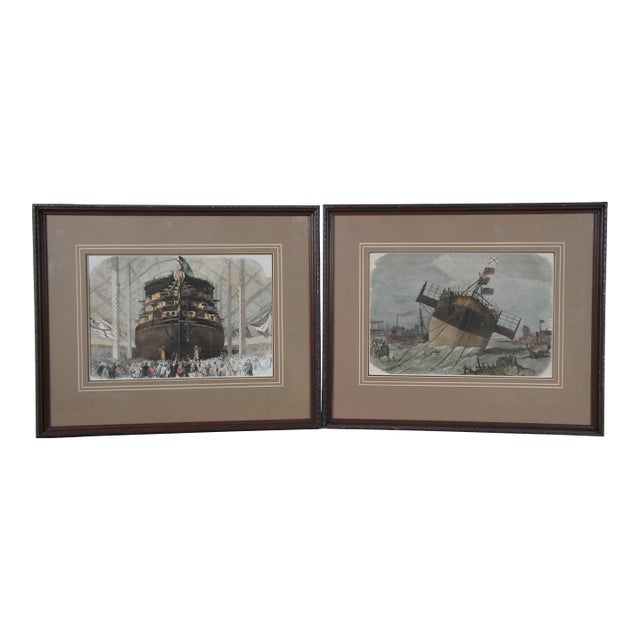 Set of 2 Frederick J. Smyth Antique Engravings Launch of Paramatta & Royal Albert 21" For Sale