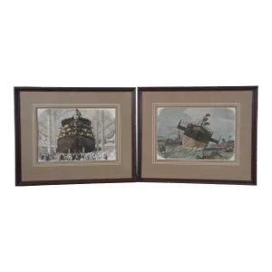 Set of 2 Frederick J. Smyth Antique Engravings Launch of Paramatta & Royal Albert 21"