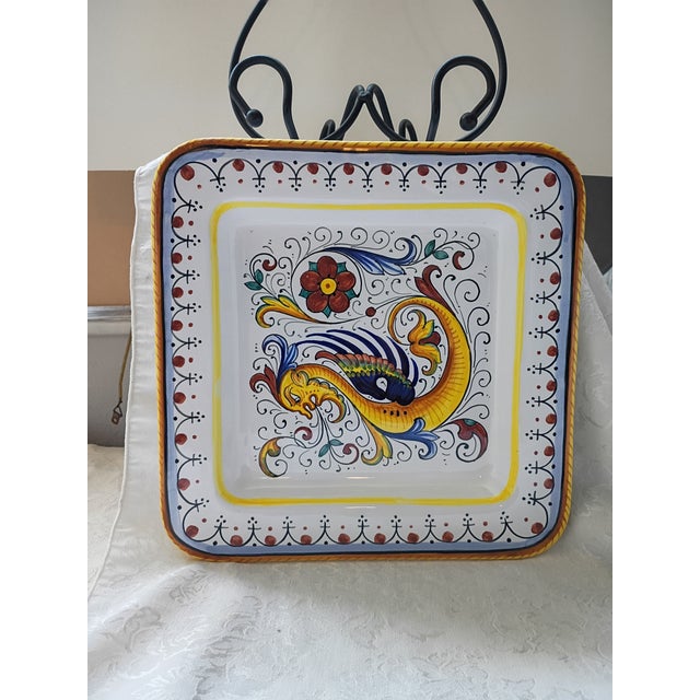 This exquisite, authentic majolica square platter features the legendary hand-painted "Raffaellesco" dragon motif from...
