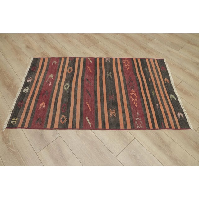 Traditional 1960s Traditional Ethnic Red Striped Cicim Natural Wool Kilim Rug For Sale - Image 3 of 13