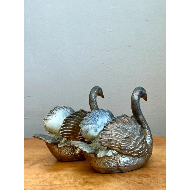Mid 20th Century Vintage Ornamental Silver Swan Sculptures - Pair For Sale - Image 5 of 12