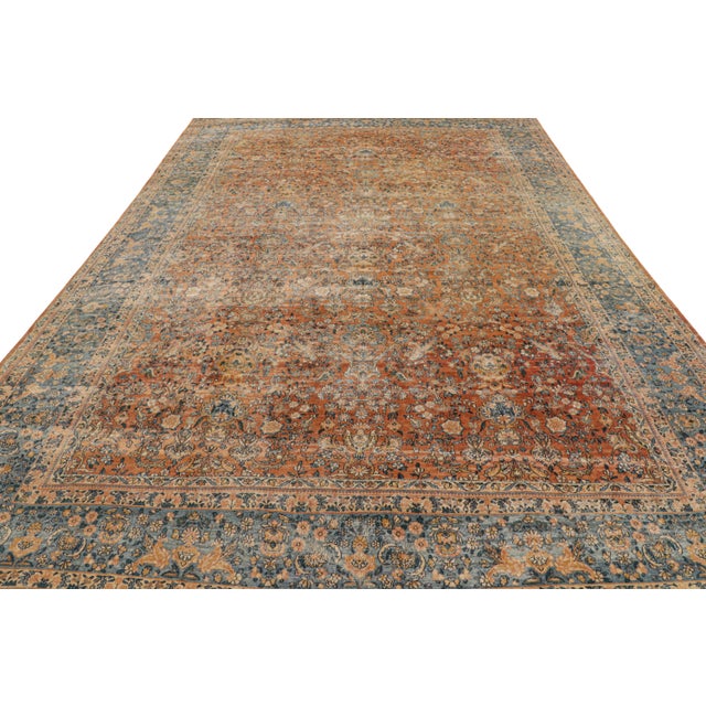 1920s Antique Kerman Lavar Orange-Brown and Blue Wool Persian Floral Rug For Sale - Image 5 of 8