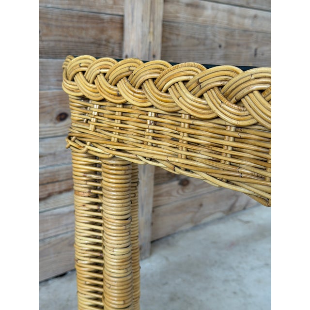 Tan Vintage Handwoven Braided Rattan Console Table Glass Insert For Sale - Image 8 of 12