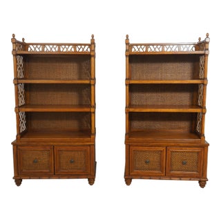 Pair Tommy Bahama Rattan File Drawer Open Bookcases For Sale