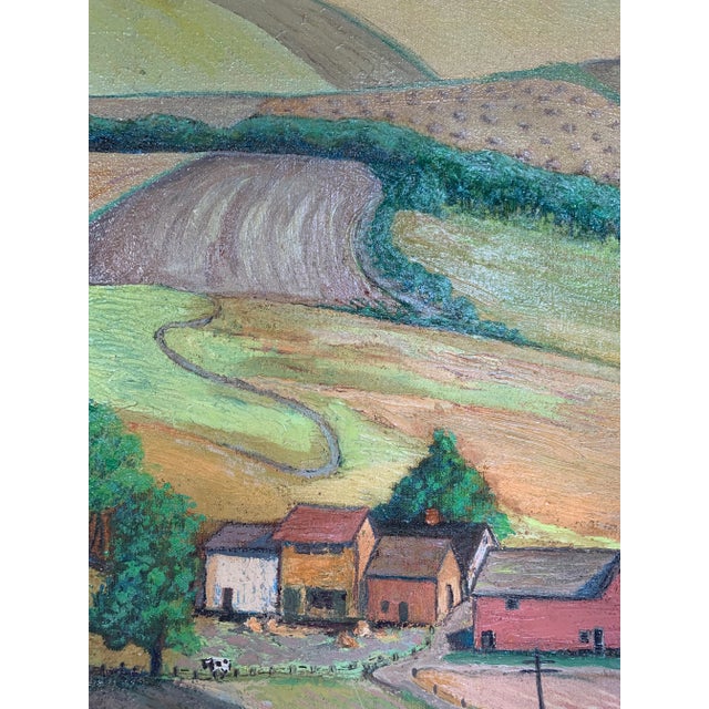 Early 20th century oil on canvas regionalism landscape painting. Depicts rolling hills and farmland. Signed M. Smith...