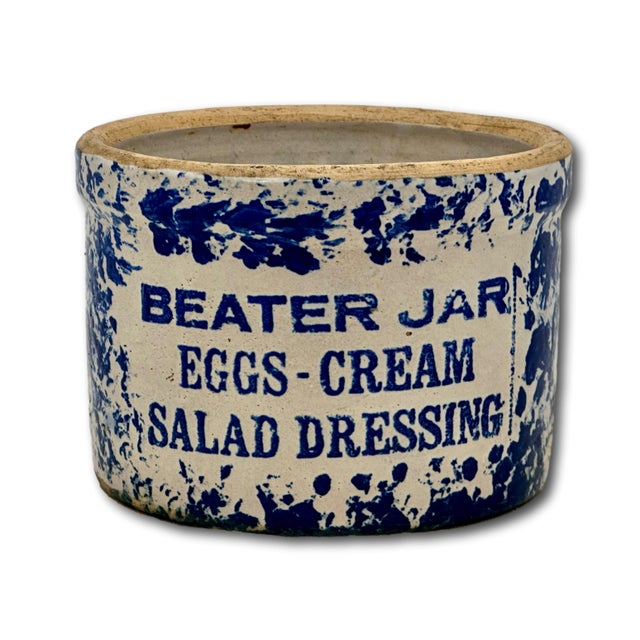 American Unusual Antique American Blue Spongeware Decorated Kitchen Beater Jar - Circa Very Early 1900s For Sale - Image 3 of 18