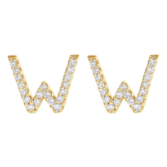 10K Yellow Gold 1/10 Cttw Diamond 'W' Initial Stud Earring For Sale