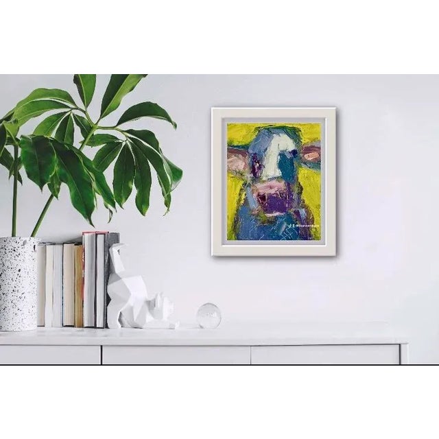 Modern Narratives & Animals — Abstract Cow (Yellow and Purple) Original oil painting by Lisa Haas, 8 x 10 unframed on...