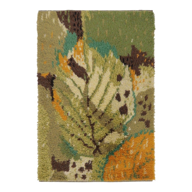 Vintage Swedish Rya Rug With Green and Orange Floral Pattern - Rug & Kilim For Sale