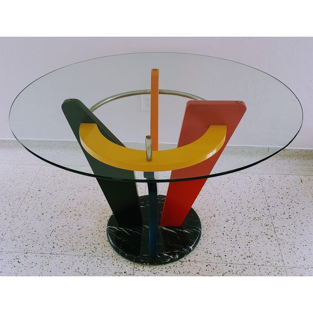 1980 S Memphis Design Round Marble Base Glass Top Dining Table Chairish