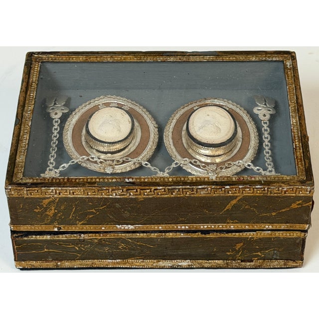 19th C. Italian Grand Tour Intaglio Plaster Medallion & Gilt Marbled Leather Box For Sale - Image 11 of 13