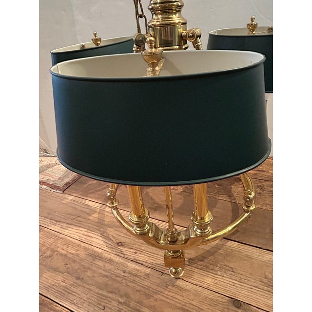 1980s Bouillotte Style Brass 3 Arm Chandelier With Green Tole Shades by Lightolier For Sale In New York - Image 6 of 16