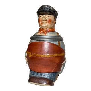 Antique German Hand Painted Pewter Mounted Lidded Man Pottery Figural Stein For Sale