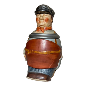 Antique German Hand Painted Pewter Mounted Lidded Man Pottery Figural Stein