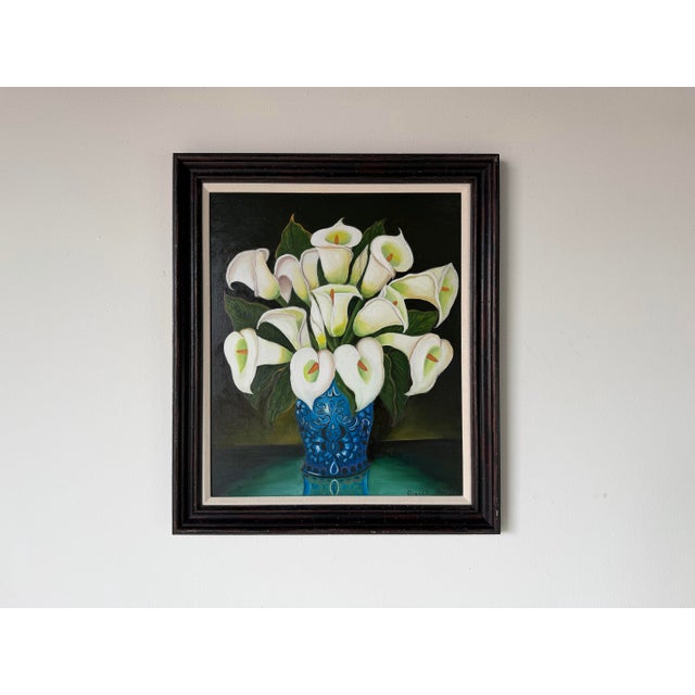 Mid-Century Modern Vintage Graceli Mendoza Calla Lilies - Folk Art Oil on Board Painting, Wood Framed For Sale - Image 3 of 12