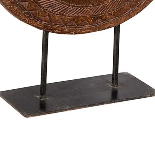 Farmhouse Antique Wagon Wheel on Metal Stand | Farmhouse Country Log Cabin Décor | Primitive Display |Rustic Distressed Solid Wood Wheel Sculpture For Sale - Image 3 of 6
