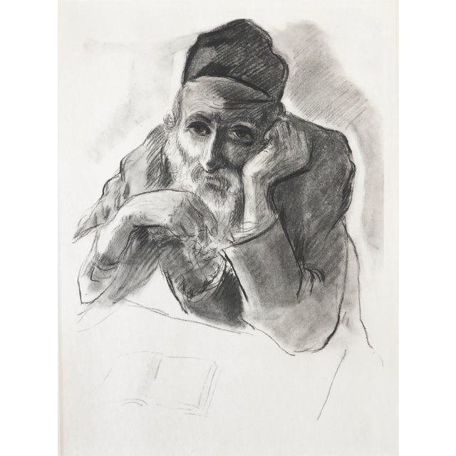 Paul Jeffay, Judaica Jewish Shtetl Etching Hasidic Rabbi Meditation Vintage Chassidic Print, c.1950's For Sale