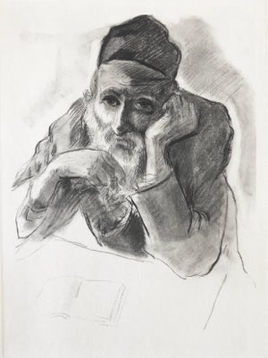 Paul Jeffay, Judaica Jewish Shtetl Etching Hasidic Rabbi Meditation Vintage Chassidic Print, c.1950's