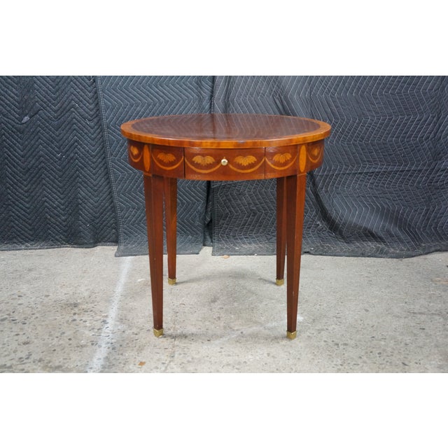 Wood Mid 20th Century Baker Federal Hepplewhite Style Mahogany Round Inlaid Side Table Pullout Trays For Sale - Image 7 of 18