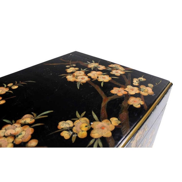 Mid 20th Century Oriental Hand Painted Black Lacquer Bar Trunk Chest Electric Lift Shelf Inside For Sale - Image 5 of 9