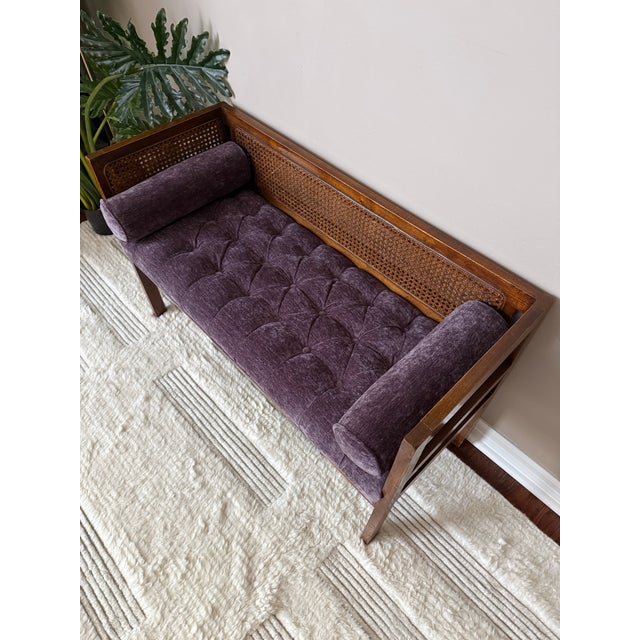 1950s Vintage Mid-Century Modern Tufted Cane Back Bench This bench/settee has a cane back and cane side panels with a...