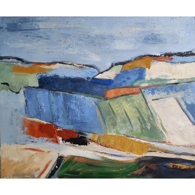 Abstract colorful countryside landscape. The artist appropriates this Normandy countryside where the fields are...