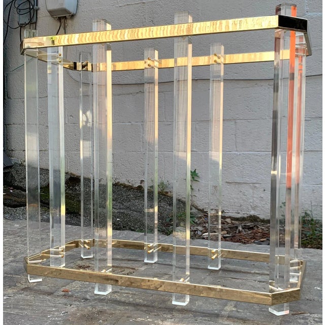 1970s Vintage 1970s Postmodern Lucite and Brass Glass Top Dining Table For Sale - Image 5 of 13