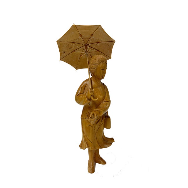 Tan Light Tan Wood Crafted Lady Holding Umbrella Art Figure For Sale - Image 8 of 9