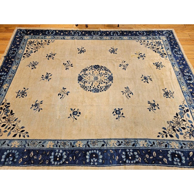 Textile Antique Chinese Peking Rug, Hand-Knotted Wool, Floral Design, Ivory, 9' x 12' For Sale - Image 7 of 18