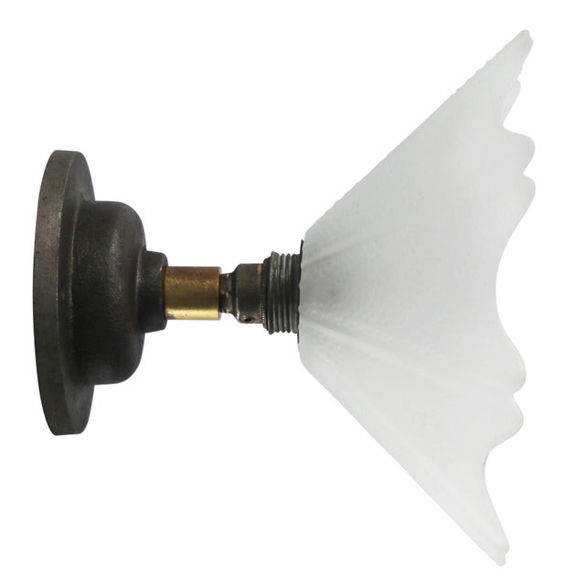 Metal Frosted Glass, Cast Iron and Brass Wall Sconce For Sale - Image 7 of 7