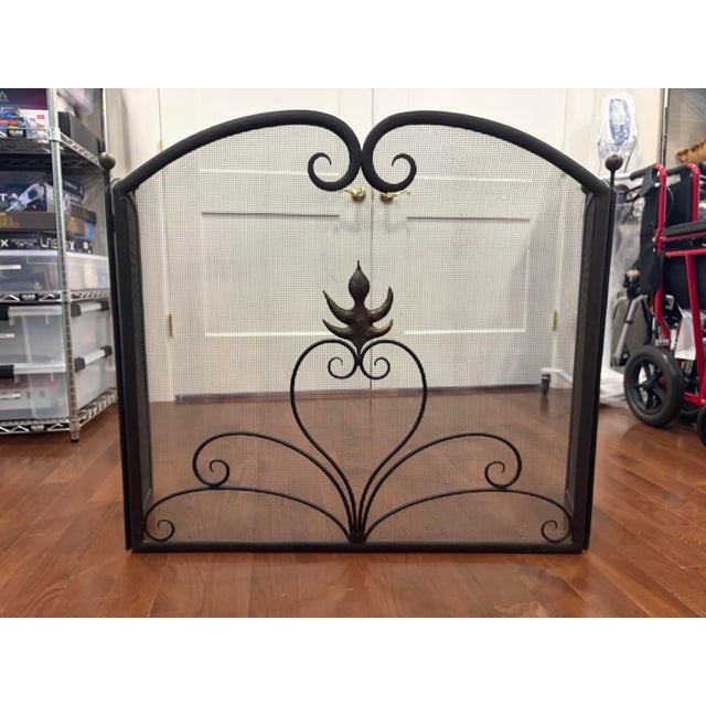 Vintage Hand-Forged Wrought Iron Fireplace Hearth Set: Contemporary 3-Piece Screen & Pair of Andirons For Sale In New York - Image 6 of 12