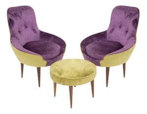 Small Vintage Wooden Armchairs & Pouf in Purple and Green Velvet, Set of 3