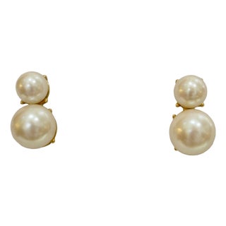 Givenchy 1970s Double Glass Pearl Gold Plated Crown Setting Earrings, 2 Pieces For Sale