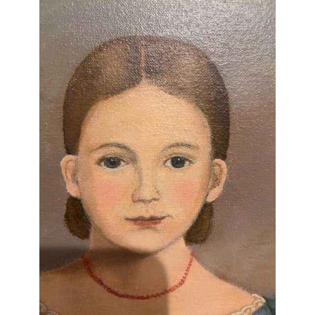 American 1960s American Folk Art Primitive Portrait of Young Girl With Cat & Schooner by an Unknown American Folk Artist – Oil on Canvas For Sale - Image 3 of 9