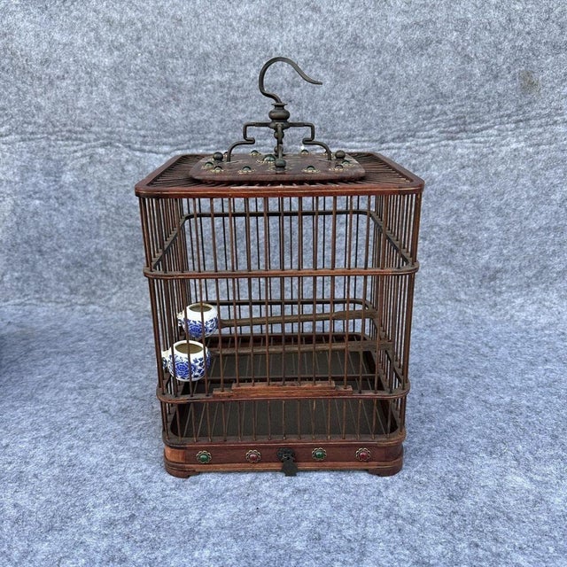 Rosewood Birdcage With Blue & White Porcelain Feeders – Decorative Asian Accent For Sale In Los Angeles - Image 6 of 9