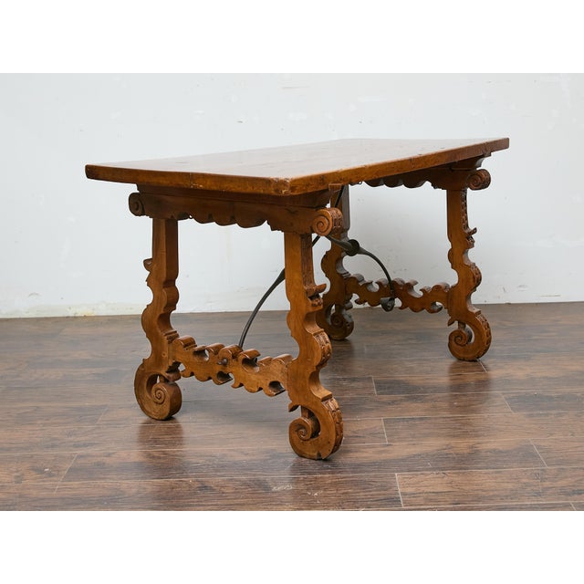 Spanish 18th Century Walnut Fratino Table with Carved Legs and Iron Stretcher For Sale In Atlanta - Image 6 of 12