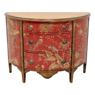 Red Painted Chinoiserie Style Demilune Commode Chest With Birds and Cherry Blossums For Sale