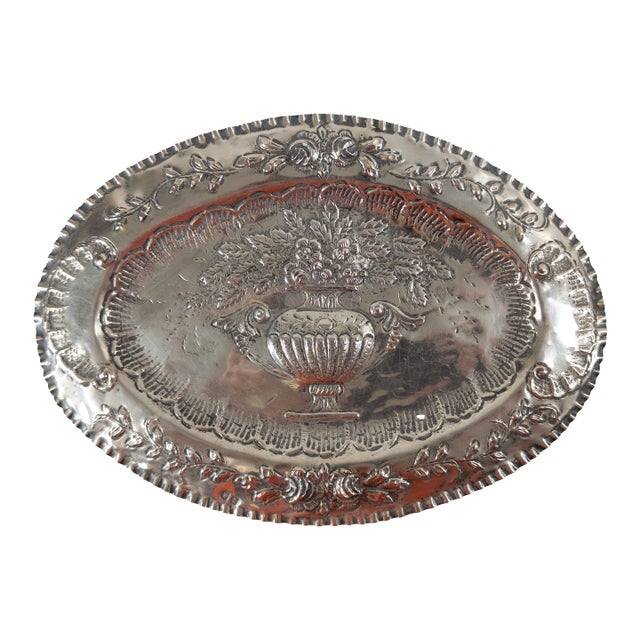 19th Century Spanish Silver Repousse Tray With Floral Design, Madrid Hallmarks For Sale