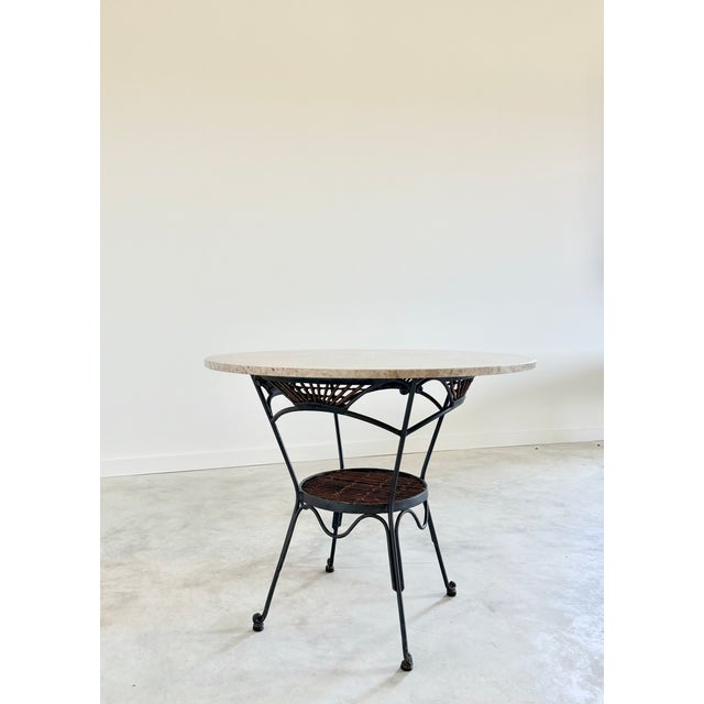 Round Breccia Botticelli Marble Top on Iron Frame Table Inset With Woven Wicker For Sale - Image 6 of 16