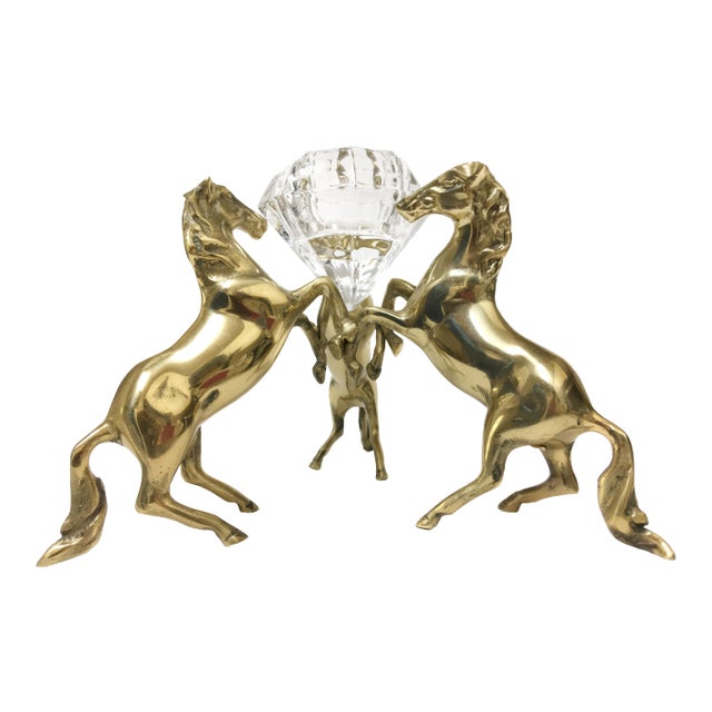 Three Brass Horses Holding Crystal Diamond Candle Holder For Sale