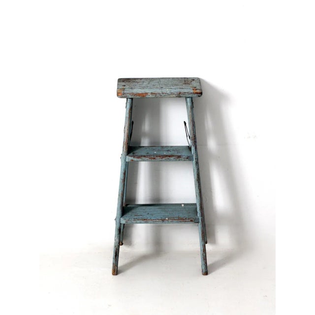 Blue Vintage Wooden Blue Step Ladder For Sale - Image 8 of 13