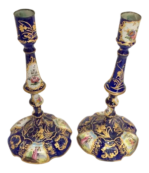 Late 18th Century English Enamel Candlesticks - A Pair