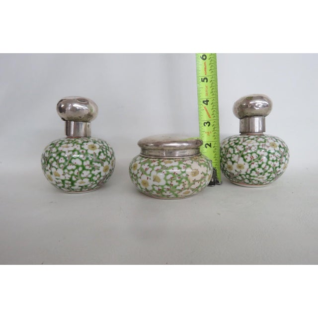 Cloisonne Enamel Sterling Lidded 3pc Vanity Set Empty Perfume Bottles Jar 5113b For Sale - Image 12 of 18
