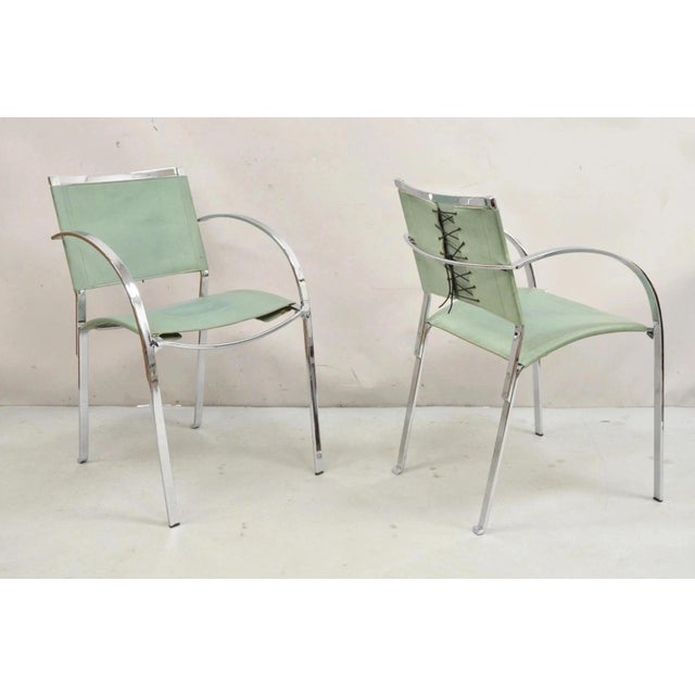Vintage Italian Modern Naos Italy Teal Blue Leather Chrome Frame "Corset" Arm Chairs - a Pair. Circa Late 20th Century....