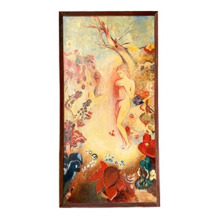 Vintage Surrealist Figural Oil Painting, Nude in Dreamlike Landscape, Large Framed Canvas For Sale