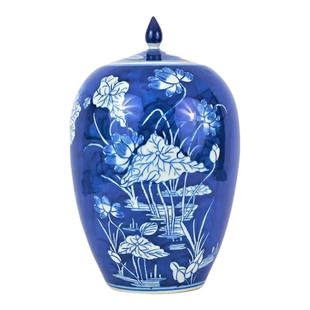 2000s Blue & White Chinoiserie Lotus Flower Melon Jar For Sale