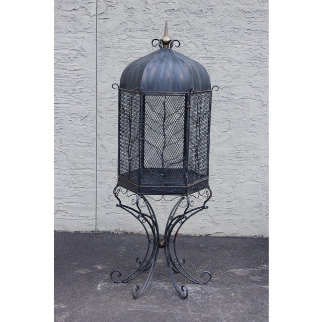 Vintage Wrought Iron Garden Bird Cage On Stand For Sale - Image 13 of 18